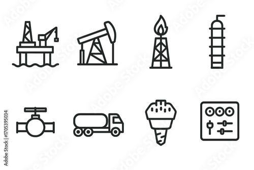Oil and Gas Icons. Outline icon set of oil and gas extraction: offshore platform, oil pump, gas flare, refinery tower, pipeline