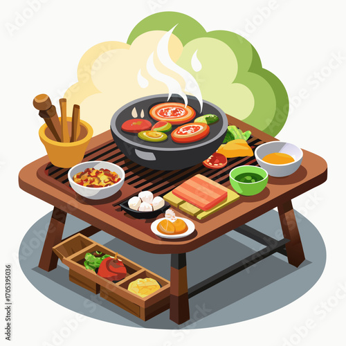 Culinary Delights vector isolated white background. A tabletop tableau of delicious foods and vibrant ingredients, set for grilling, evoking the warmth of a barbecue experience.