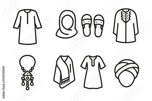Libyan Clothing Icons. Outline icon set of Libyan traditional clothing: Jellabiya robe, Headscarf, Leather sandals, Embroidered