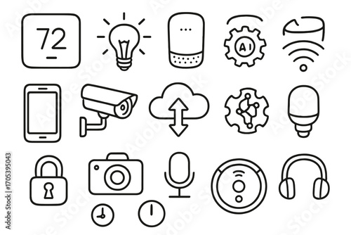 Smart Home Devices Doodle. Hand-drawn doodle illustration AI-powered home automation smart thermostat, smart light bulb, smart