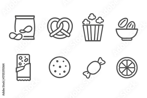 Snack Icon Set. Outline icon set of snack: potato chips, pretzel, popcorn, nuts, granola bar, cookie, candy, fruit slice. [Line