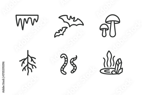 Underground Wildlife Icons. Outline icon set of underground wildlife and nature: cave stalactites, bats, underground river,