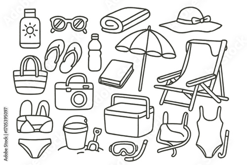 Beach Essentials Doodle. Hand-drawn doodle illustration Beach gear essentials sunscreen bottle, sunglasses, towel, umbrella, hat,