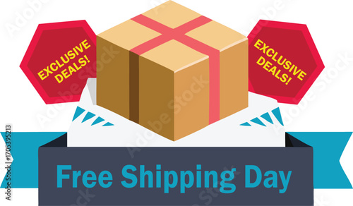 Vector art of free shipping day with exclusive deals and package