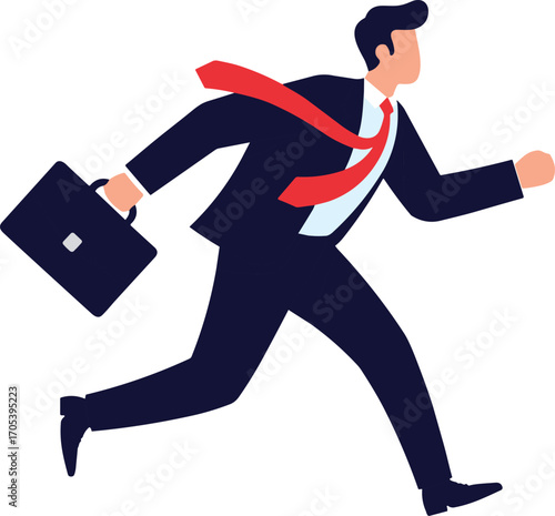 Businessman running with briefcase, late for meeting, urgency in work, corporate rush hour, deadline stress, time management challenge