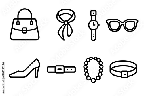 Smooth Fashion Icons. Outline icon set of smooth texture in fashion accessories: leather handbag, silk scarf, smooth watch strap,