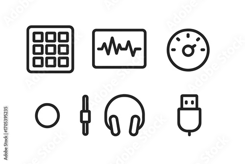 Beat Sampling Tool Icons. Outline icon set of beat sampling tools: drum pad, waveform display, tempo dial, play/pause button,