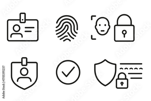 Security Verification Icons. Outline icon set of receiver verification: ID card, fingerprint, face recognition, password lock,