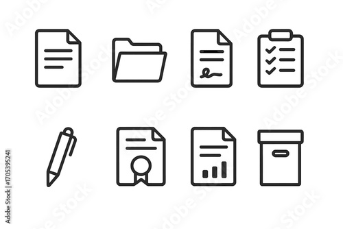 Legal Document Icons. Outline icon set of chamber documents: legal paper, folder, contract, checklist, pen, certificate, report,