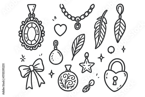 Vintage Pendant Doodle. Hand-drawn doodle illustration vintage pendant antique pendant, chain, clasp, bail, gemstone, heart charm,