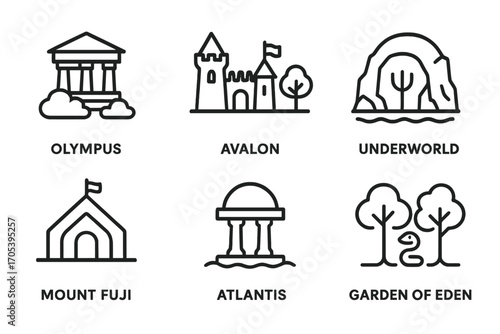 Mythical Places Icons. Outline icon set of mythological places: Olympus, Avalon, Underworld, Valhalla, Atlantis, Elysium, Mount