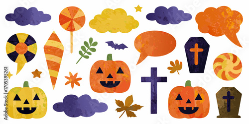 Collection of hand drawn halloween elements with pumpkins bats coffins and candy