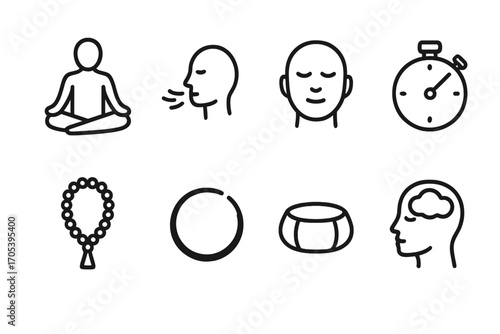 Meditation and Recovery Icons. Outline icon set of discipline in meditation and mindfulness: lotus pose, breathing, calm face,