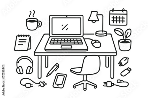 Laptop Workspace Doodle. Hand-drawn doodle illustration Laptop workspace laptop, desk, chair, coffee cup, notebook, pen, mouse,