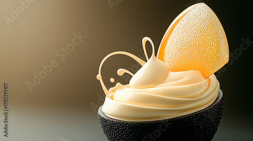 Elegant soft serve ice cream topped with delicate embellishments, presented in a sleek black bowl