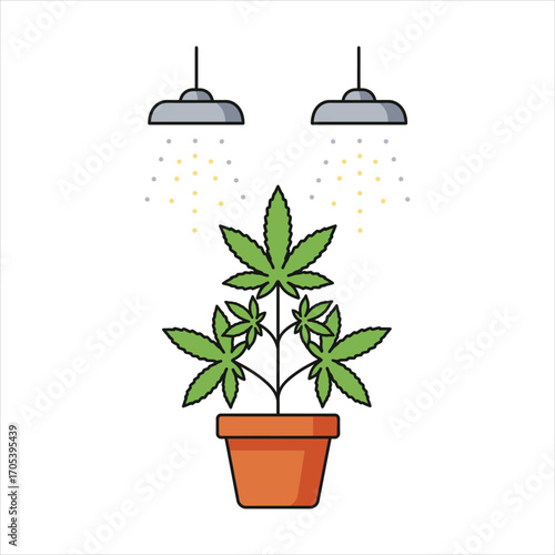Potted Cannabis Plant with Two Overhead Lights Emitting Light Particles.