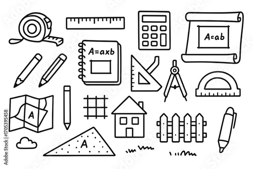 Measurement Tools Doodle. Hand-drawn doodle illustration measuring and calculating area tape measure, ruler, calculator, blueprint