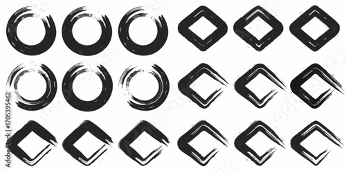 Collection of hand drawn brush stroke circles and diamond shapes on white background