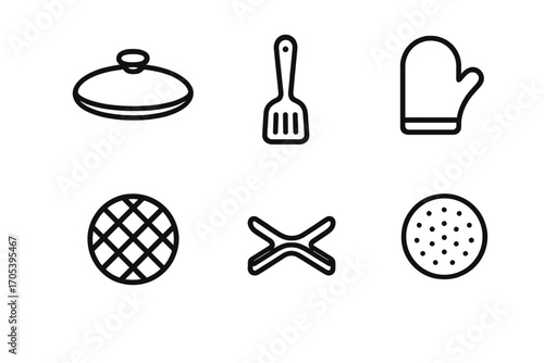 Pan Accessories Icons. Outline icon set of pan accessories: lid, handle, spatula, oven mitt, trivet, cleaning brush, pan stand,