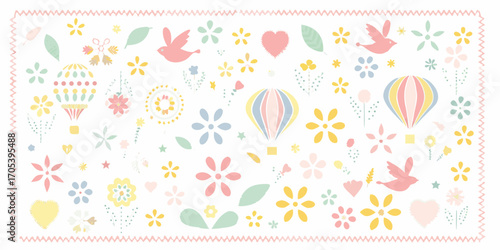 Whimsical pastel pattern with hot air balloons birds flowers hearts and leaves