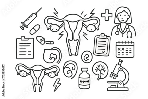 Medical Doodle Icons. Hand-drawn doodle illustration fallopian tubes inflammation fallopian tubes, syringe, pill, thermometer,