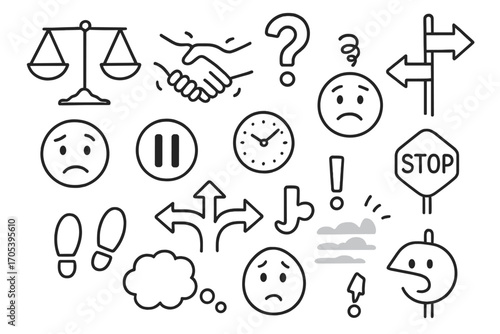 Mental Dilemma Icons. Hand-drawn doodle illustration wavering thoughts scales, shaking hand, question mark, forked path, hesitant