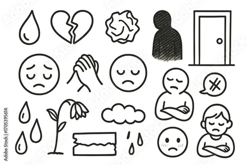 Emotional Icons Collage. Hand-drawn doodle illustration emotional pain tear drop, broken heart, sad face, downcast eyes, crumpled