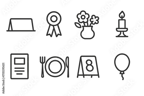 Event Seating Icons Set. Outline icon set of event seating accessories: name card, ribbon, flower centerpiece, candle holder, menu