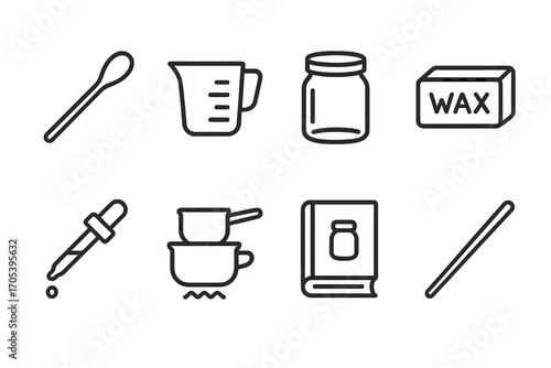 DIY Balm Icon Set. Outline icon set of balm tin DIY and homemade: mixing spoon, measuring cup, glass jar, beeswax block, essential