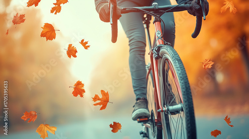 A cyclist rides through a scenic autumn landscape, surrounded by falling leaves in vibrant orange hues
