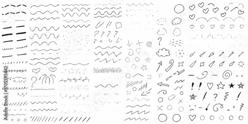 Collection of hand drawn black doodle elements and symbols on white background