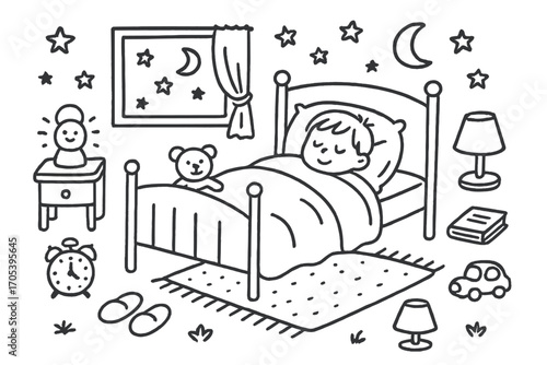 Cozy Bedtime Doodle. Hand-drawn doodle illustration Cozy bedtime scene with child and nightlight child under blanket, bed frame,
