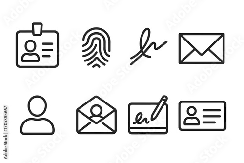Sender Identification Icons. Outline icon set of sender identification: ID badge, fingerprint, personal signature, mailing label,