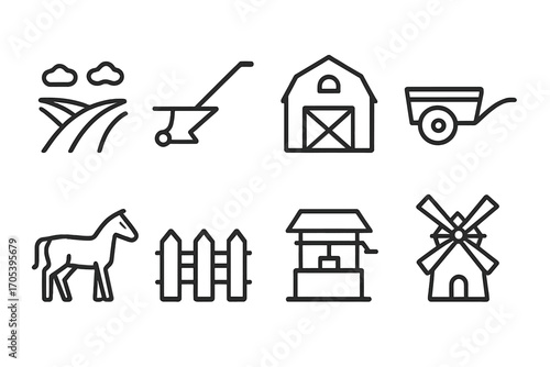 Rural Fief Icons. Outline icon set of rural fief elements: field, plow, barn, cart, horse, fence, well, windmill. Line icons in