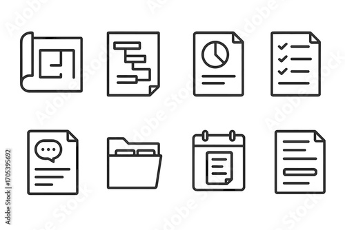 Project Document Icon Set. Outline icon set of project documents: blueprint, gantt chart, report file, task checklist, meeting