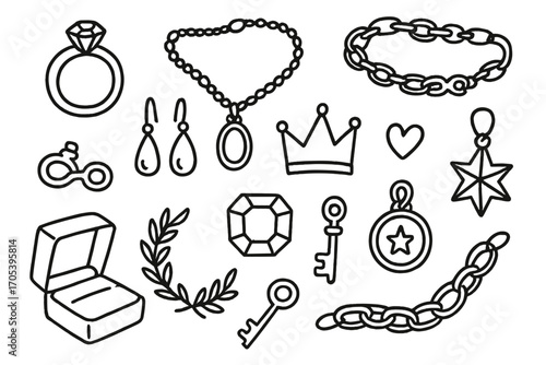 Luxury Jewelry Icons. Hand-drawn doodle illustration luxury platinum platinum ring, necklace, bracelet, earrings, crown, clasp,