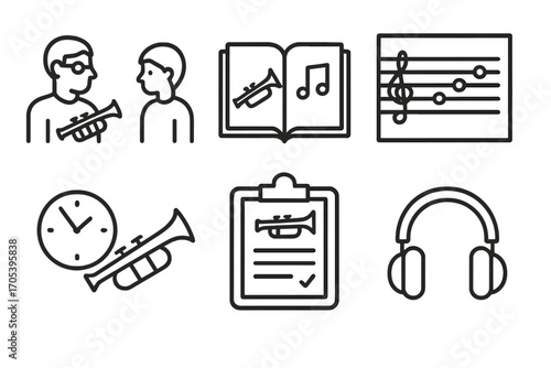Trumpet Education Icons. Outline icon set of trumpet teaching and learning: teacher, student, music book, scale chart, practice