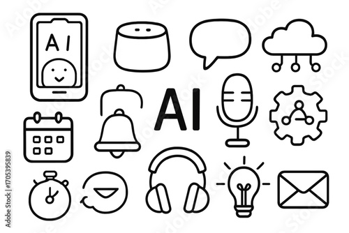 AI Icons Sketch. Hand-drawn doodle illustration AI in personal assistants smartphone, smart speaker, voice assistant icon, chat