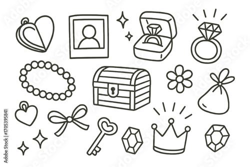 Precious Keepsake Icons. Hand-drawn doodle illustration precious keepsakes locket, photo frame, jewelry box, diamond ring, pearl