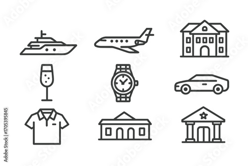 Elite Lifestyle Icons. Outline icon set of elite lifestyle: yacht, private jet, champagne glass, luxury watch, designer clothes,