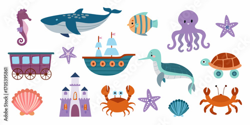Collection of cute cartoon sea creatures and objects for children s illustrations and designs