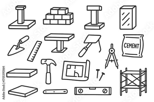Construction Tools Icons. Hand-drawn doodle illustration base foundation, building blocks, bricks, pillar, platform, support beam,