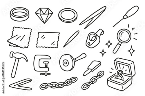 Jewelry Craft Tools. Hand-drawn doodle illustration bezel setting bezel, gemstone, ring band, polishing cloth, tweezers, jeweler’s