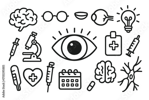 Eye and Vision Doodles. Hand-drawn doodle illustration pupil pupil and vision pupil, eye, glasses, contact lens, brain, optic