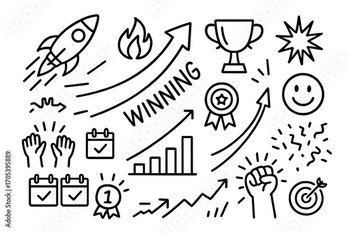 Victory Symbols. Hand-drawn doodle illustration winning momentum arrow, rocket launch, speed lines, flame icon, trophy, medal,