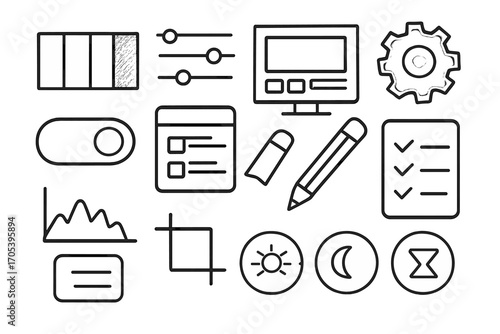 Photo Editing Doodles. Hand-drawn doodle illustration color grading preset color palette, sliders, computer screen, gear, toggle