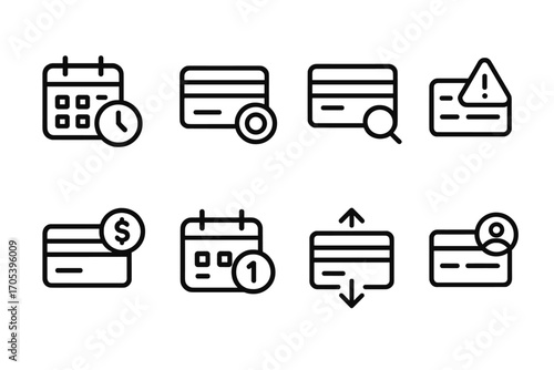 Credit Alert Icons. Outline icon set of credit alert types: payment reminder, credit limit warning, new inquiry, suspicious