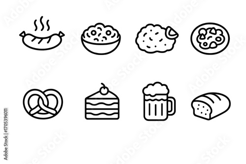 German Food Icons. Outline icon set of German cuisine: bratwurst, sauerkraut, schnitzel, potato salad, pretzel, black forest cake,