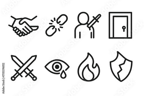 Ruthless Actions Icons. Outline icon set of ruthless actions: betrayal handshake, broken chain, backstab, locked door, crossed