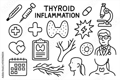 Thyroid Health Icons. Hand-drawn doodle illustration thyroid inflammation thermometer, syringe, pill, microscope, thyroid gland,